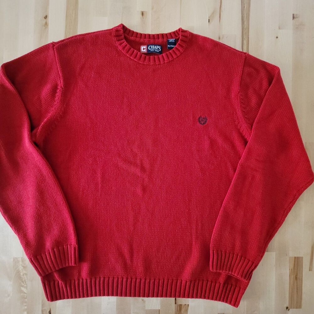 Chaps Mens Cable Knit Pullover Sweater Red Crew Cotton SZ XL